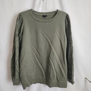 Talbots Plus Olive Green Puff Sleeve Textured Knit Top Light Weight Sweatshirt